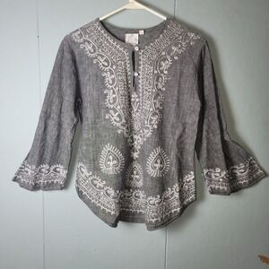 Chantel Embroidered Peasant‎ Top Bohemian Blouse Bell Sleeve Gray Small